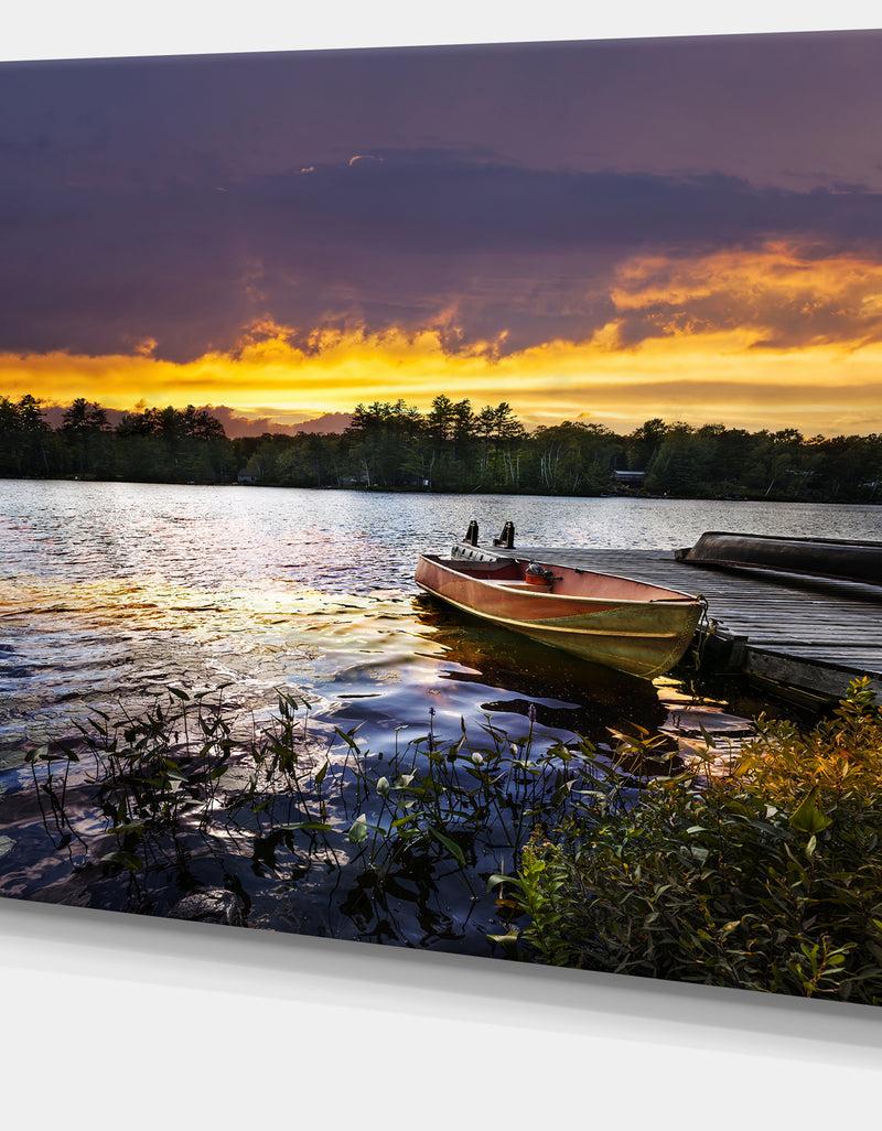 DesignQ Boat Docked In Lake At Sunset - Modern Seashore Canvas Art