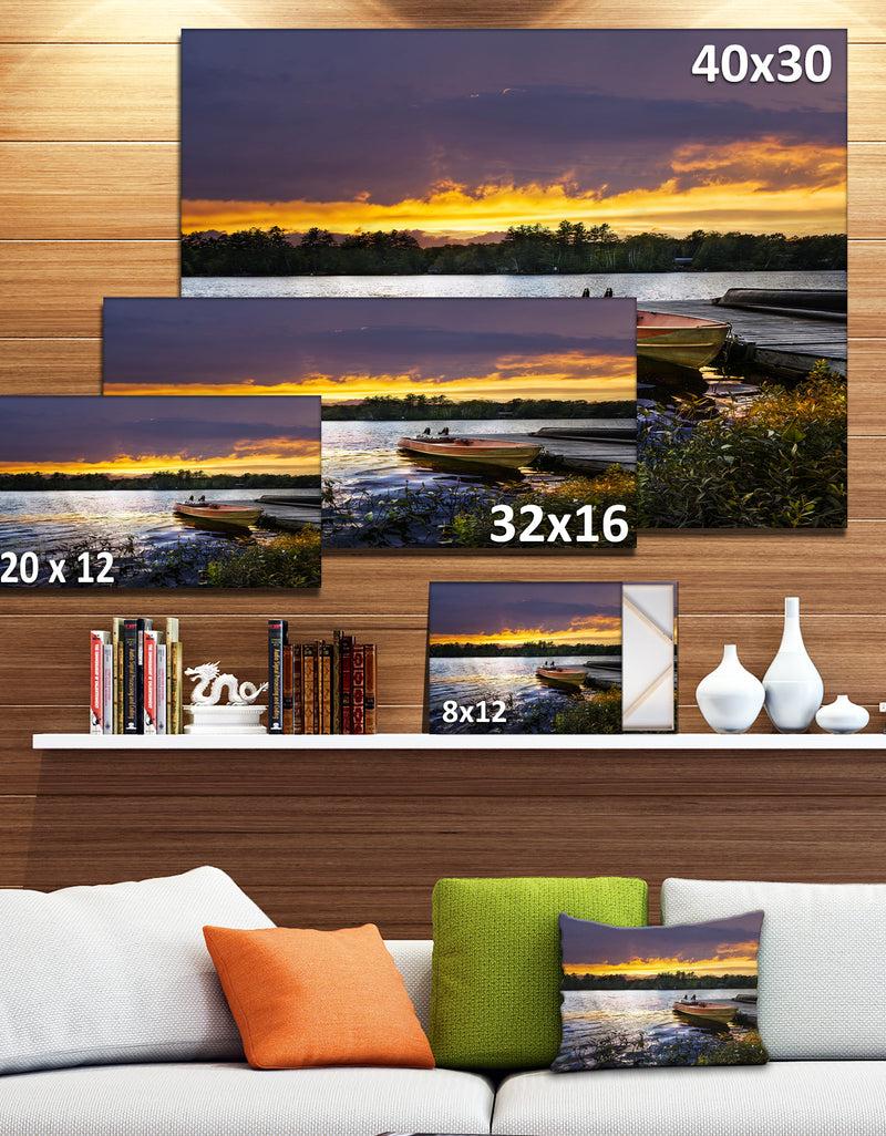 DesignQ Boat Docked In Lake At Sunset - Modern Seashore Canvas Art
