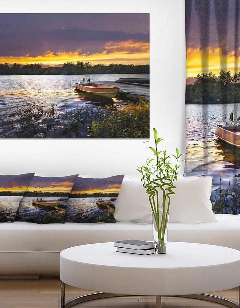 DesignQ Boat Docked in Lake at Sunset - Modern Seashore Canvas Art