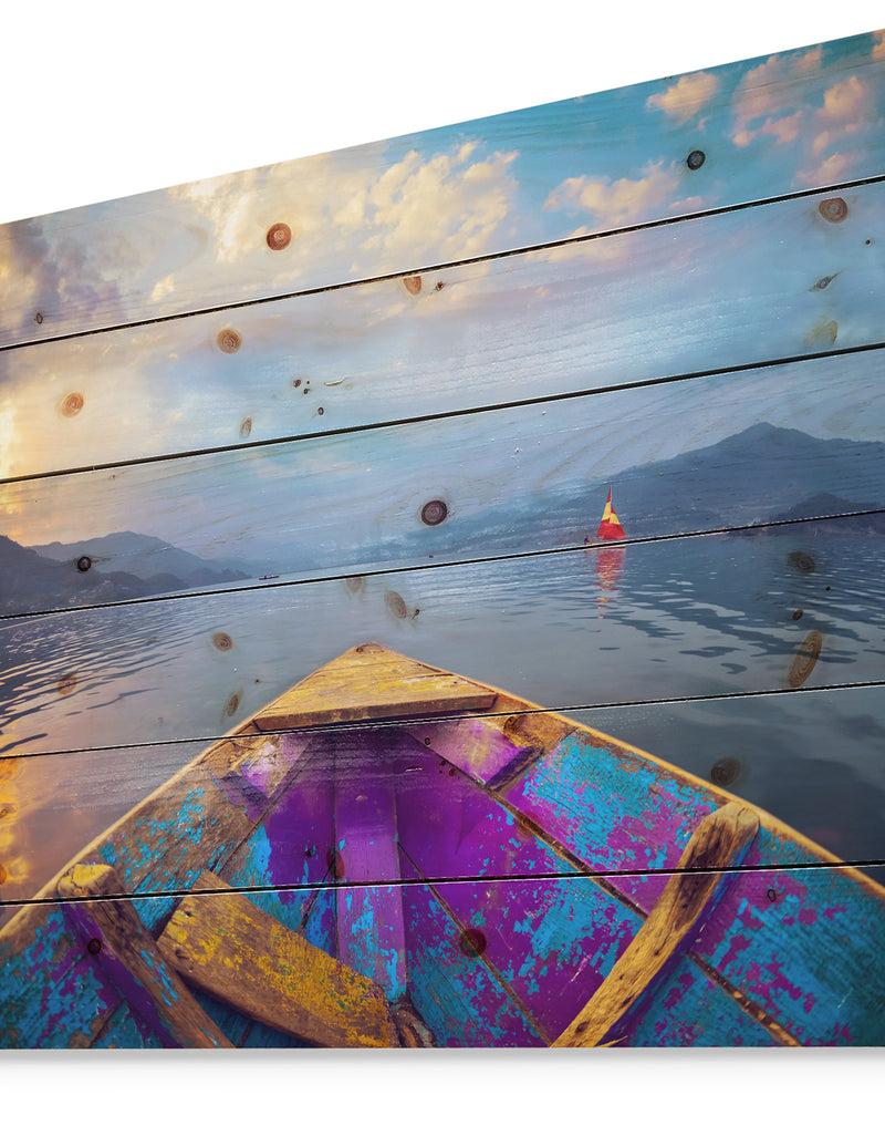 DesignQ Boat In Himalaya Mountains Lake - Boat Print On Natural Pine Wood