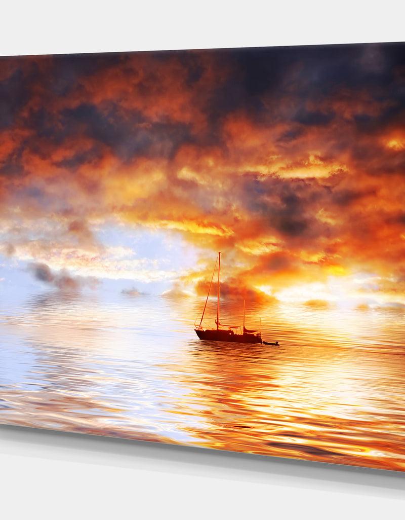 DesignQ Boat In Late Sunset - Sea & Shore Painting Print On Wrapped Canvas