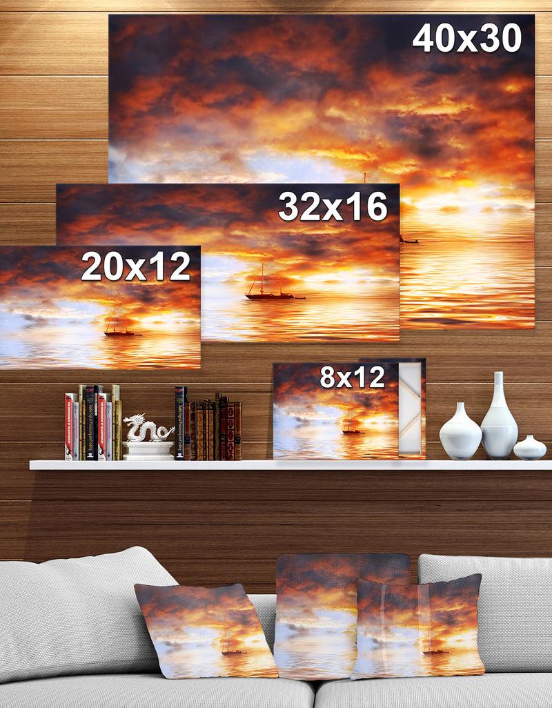 DesignQ Boat In Late Sunset - Sea & Shore Painting Print On Wrapped Canvas