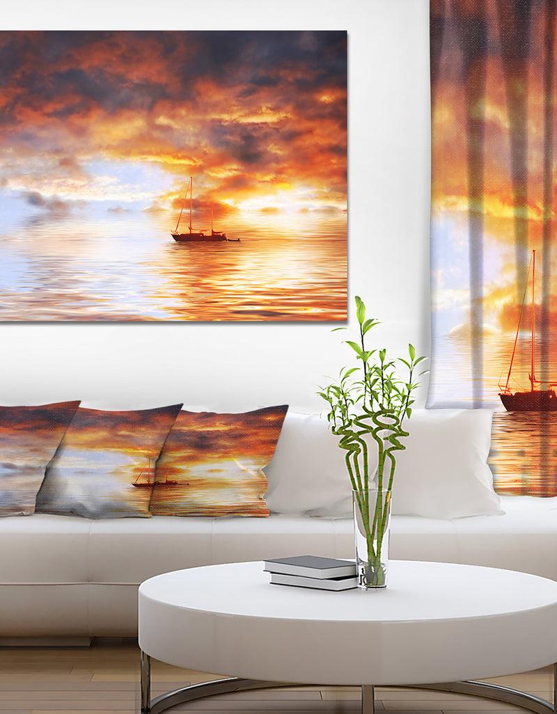 DesignQ Boat in late sunset - Sea & Shore Painting Print on Wrapped Canvas