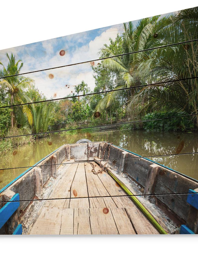 DesignQ Boat In Mekong River Vietnam - Landscape Print On Natural Pine Wood