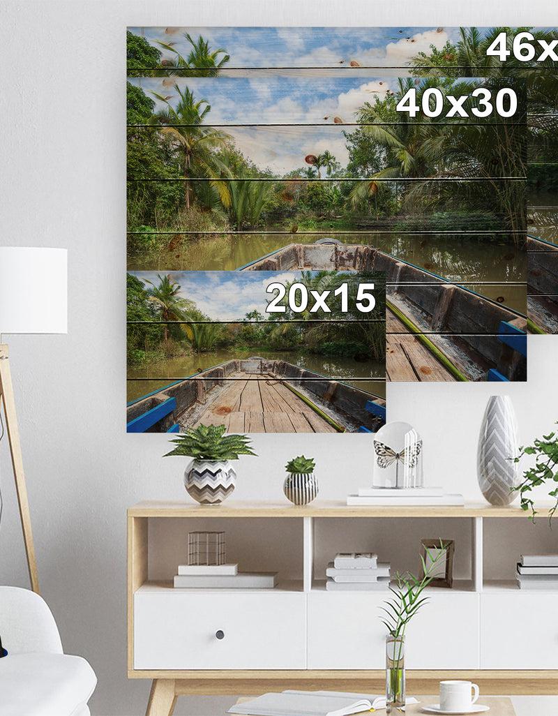 DesignQ Boat In Mekong River Vietnam - Landscape Print On Natural Pine Wood