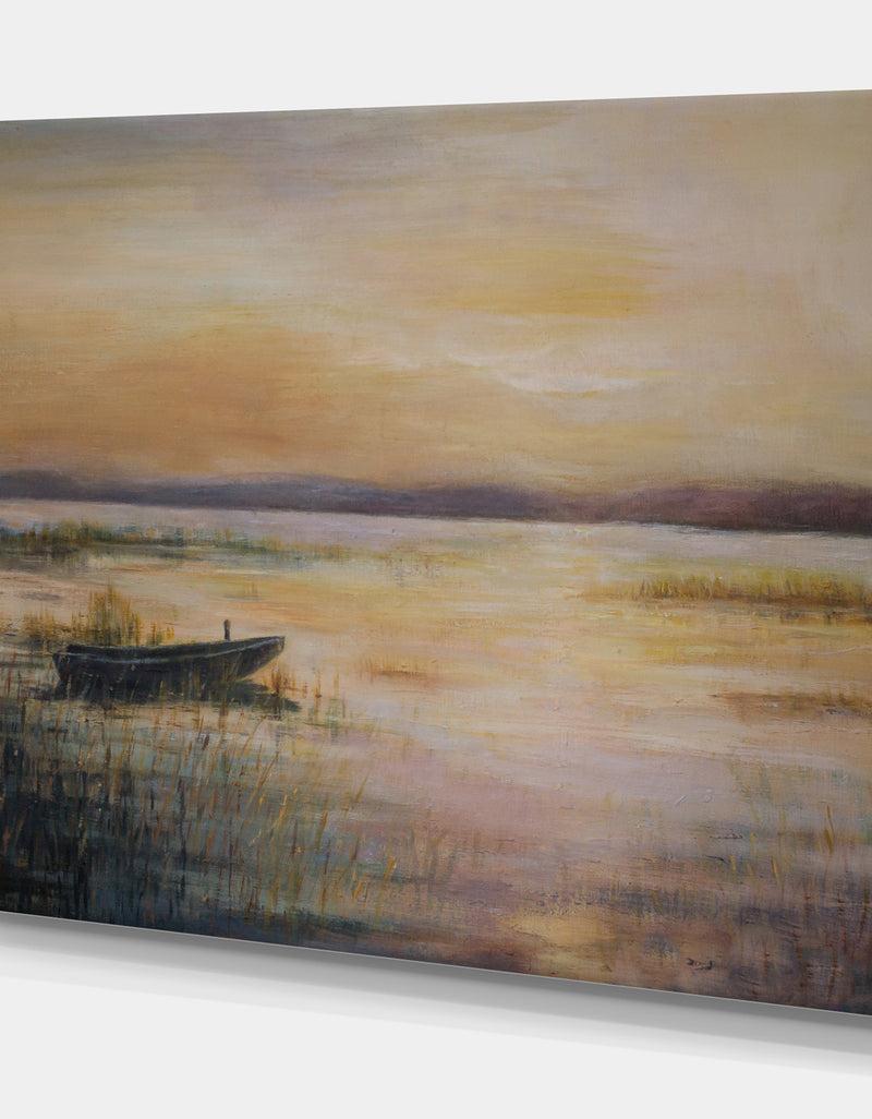 DesignQ Boat On The Lake In Twilight - Nautical Painting Print On Wrapped Canvas