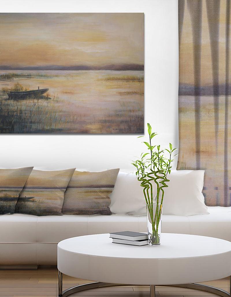 DesignQ Boat on the Lake in Twilight - Nautical Painting Print on Wrapped Canvas