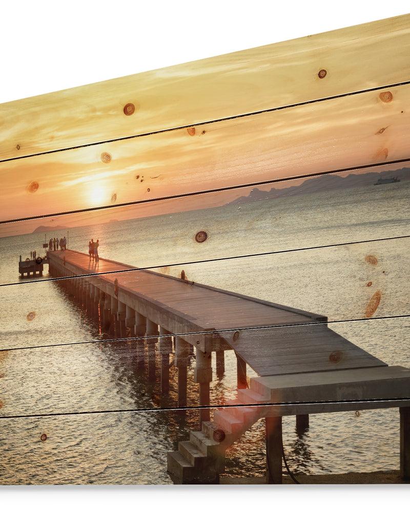 DesignQ Boat Pier At Sunset - Bridge Print On Natural Pine Wood