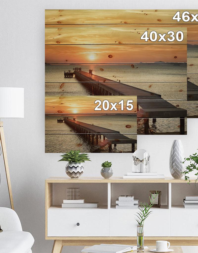 DesignQ Boat Pier At Sunset - Bridge Print On Natural Pine Wood