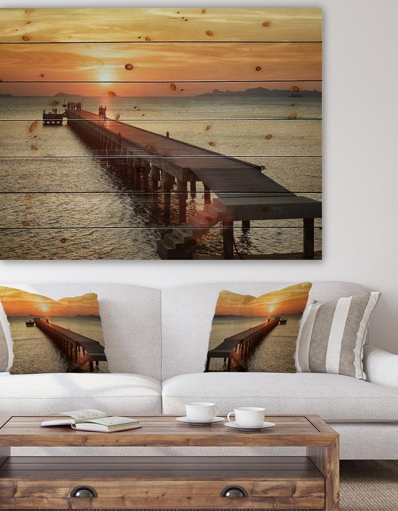 DesignQ Boat Pier at Sunset - Bridge Print on Natural Pine Wood