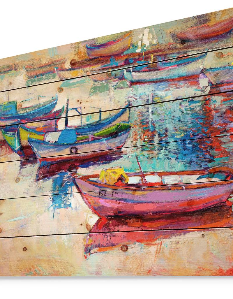 DesignQ Boats And Ocean - Seascape Print On Natural Pine Wood