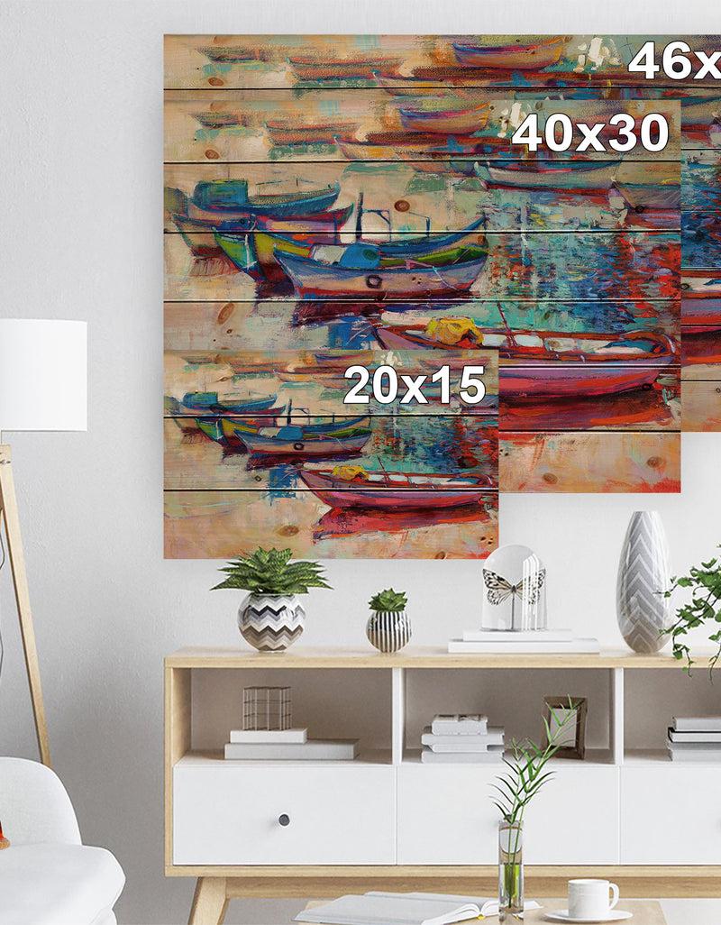 DesignQ Boats And Ocean - Seascape Print On Natural Pine Wood