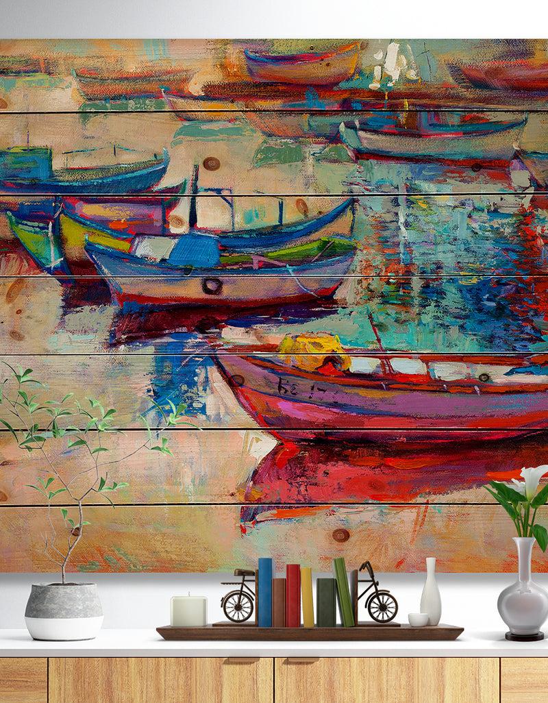 DesignQ Boats and Ocean - Seascape Print on Natural Pine Wood