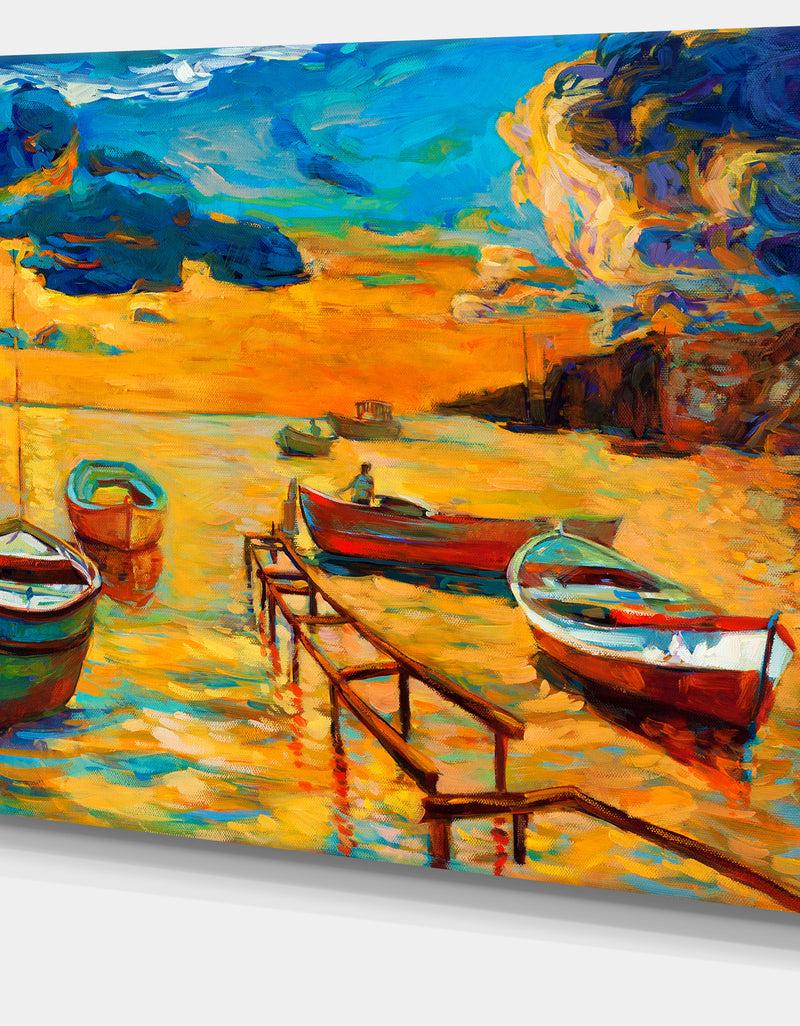 DesignQ Boats In Beautiful Sea - Seascape Painting Canvas Print
