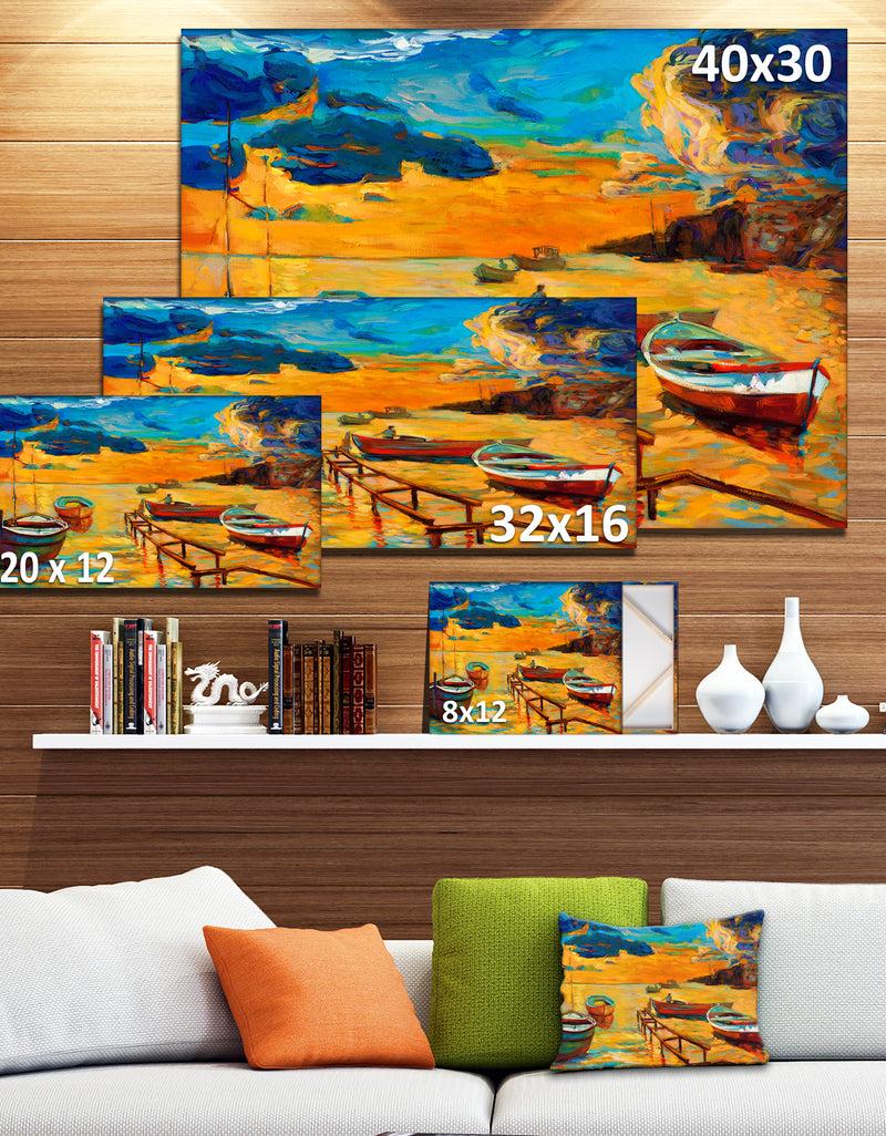 DesignQ Boats In Beautiful Sea - Seascape Painting Canvas Print