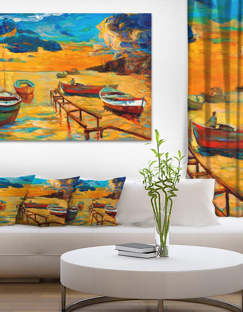 DesignQ Boats in Beautiful Sea - Seascape Painting Canvas Print