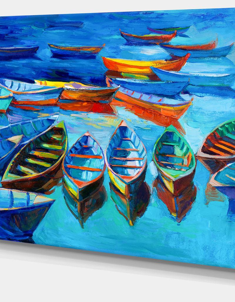 DesignQ Boats In Blue Sea - Seascape Painting Canvas Print