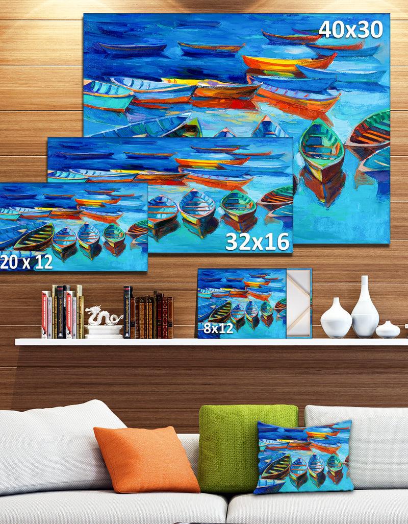 DesignQ Boats In Blue Sea - Seascape Painting Canvas Print