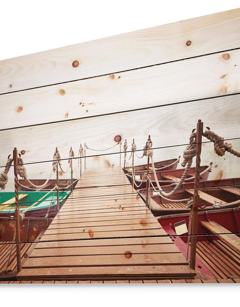 DesignQ Boats In Mysterious Fog - Boat Print On Natural Pine Wood