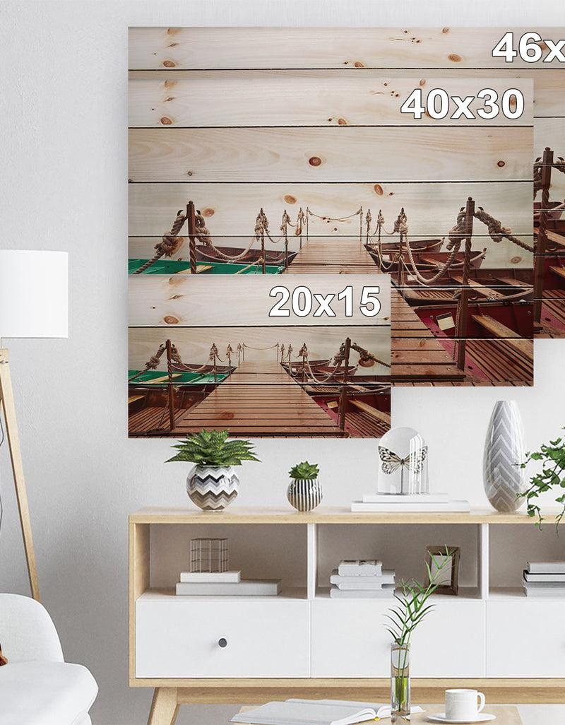 DesignQ Boats In Mysterious Fog - Boat Print On Natural Pine Wood