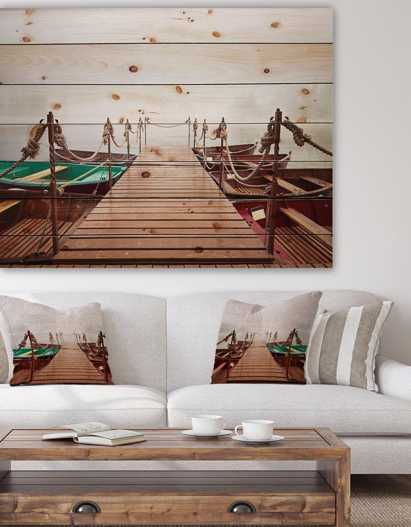 DesignQ Boats in Mysterious Fog - Boat Print on Natural Pine Wood