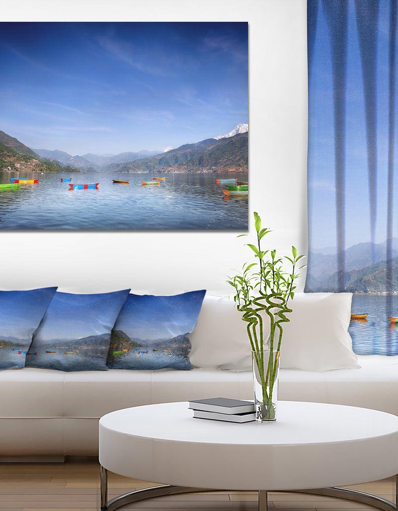 DesignQ Boats in Pokhara Lake - Modern Seashore Canvas Wall Art