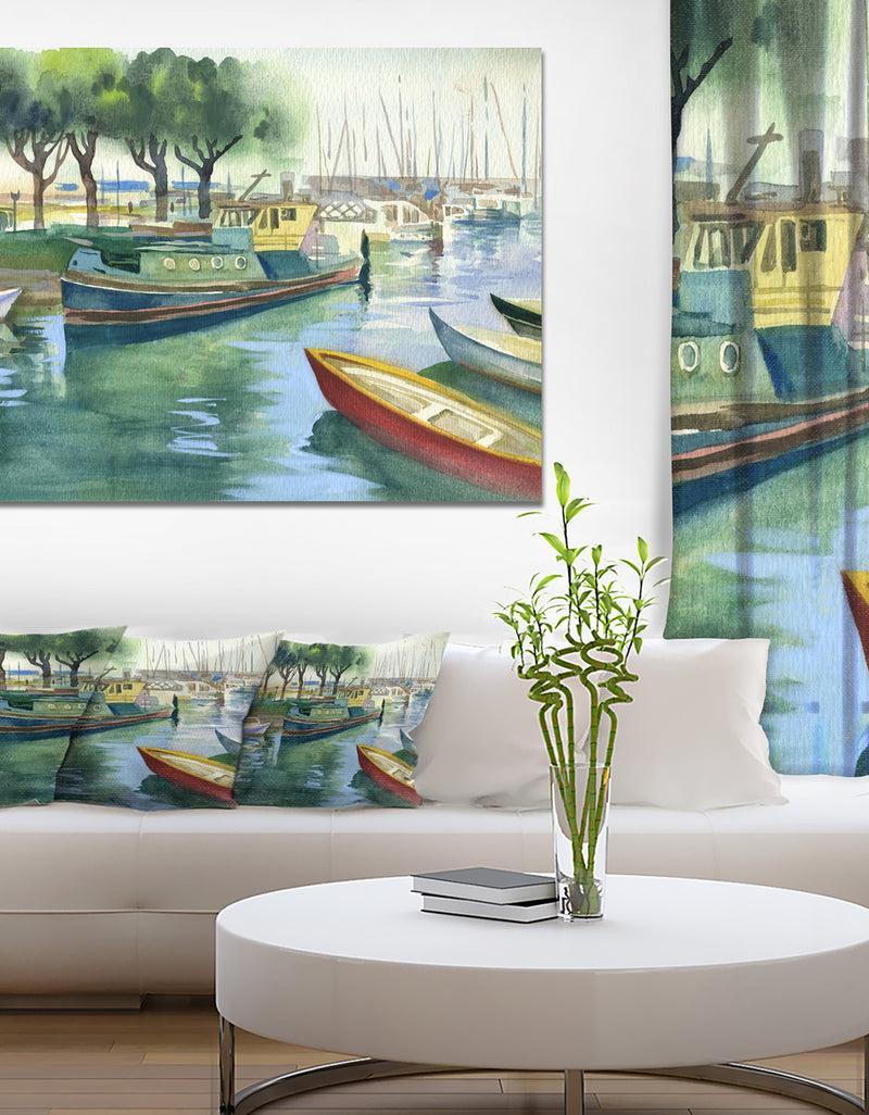 DesignQ Boats in River Watercolor - Landscape Wall Artwork