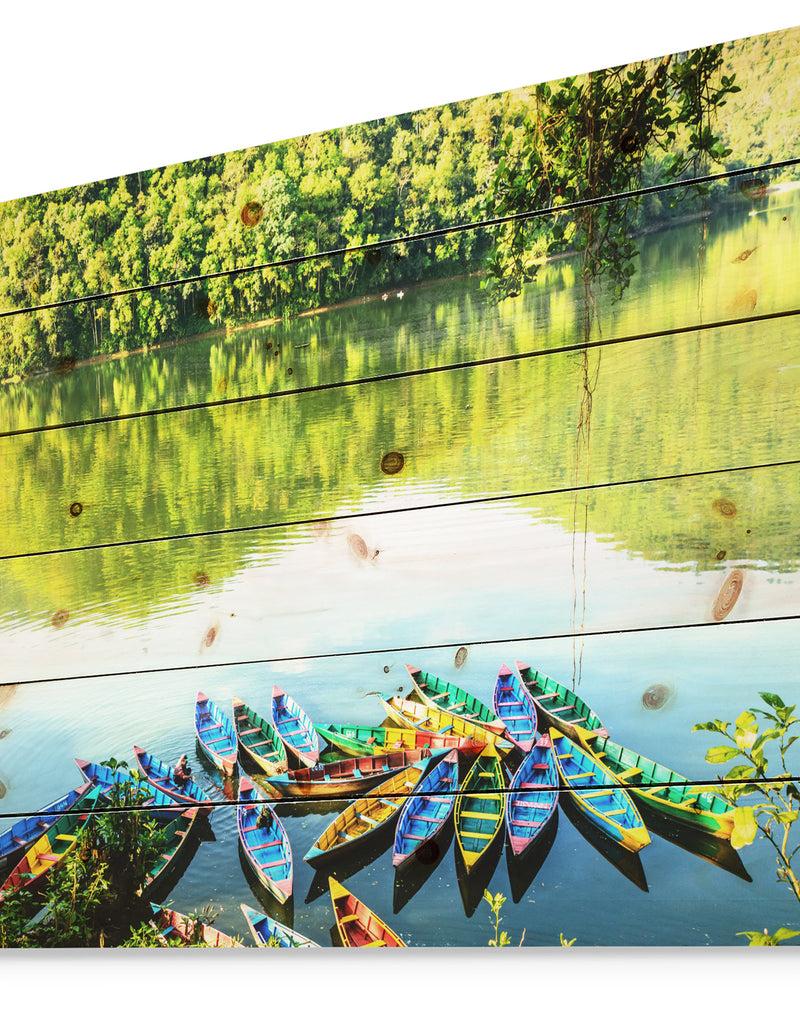 DesignQ Boats In The Lake Pokhara Nepal - Boat Print On Natural Pine Wood