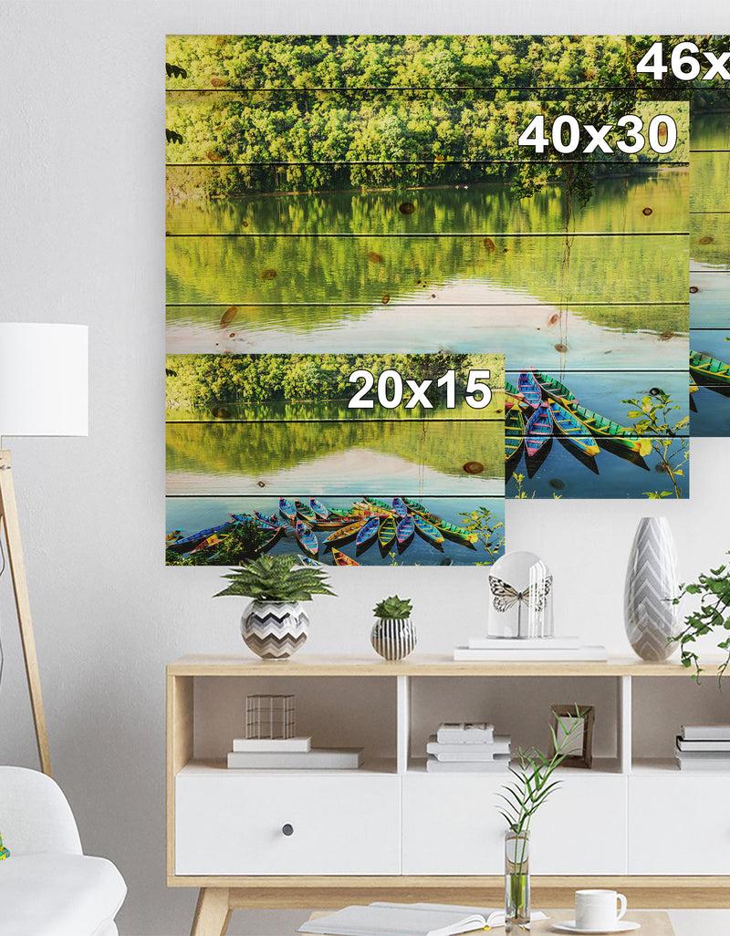 DesignQ Boats In The Lake Pokhara Nepal - Boat Print On Natural Pine Wood