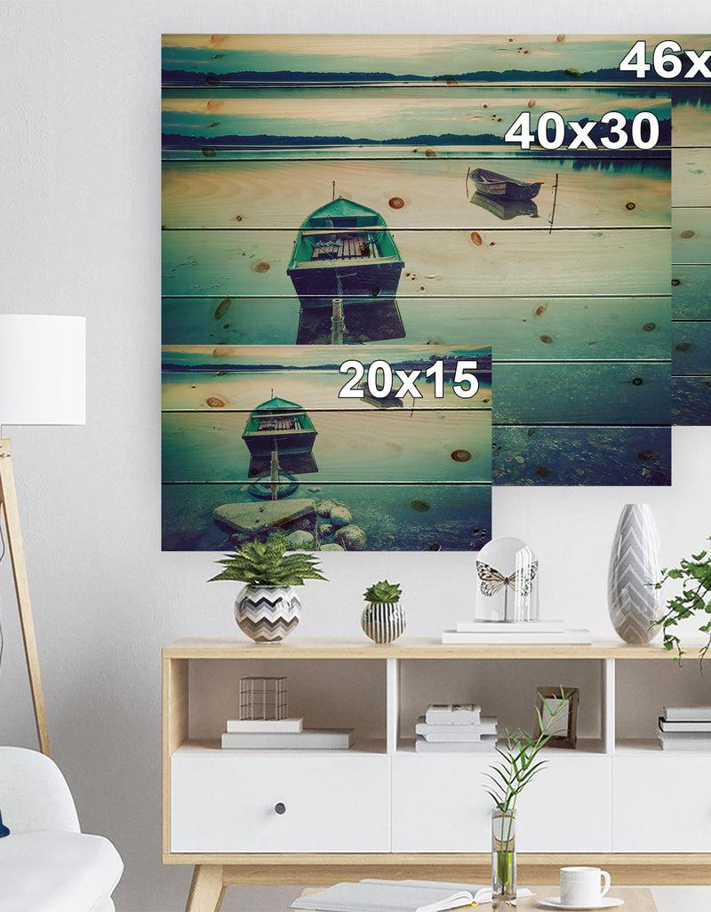 DesignQ Boats In Vintage Style Lake - Boat Print On Natural Pine Wood