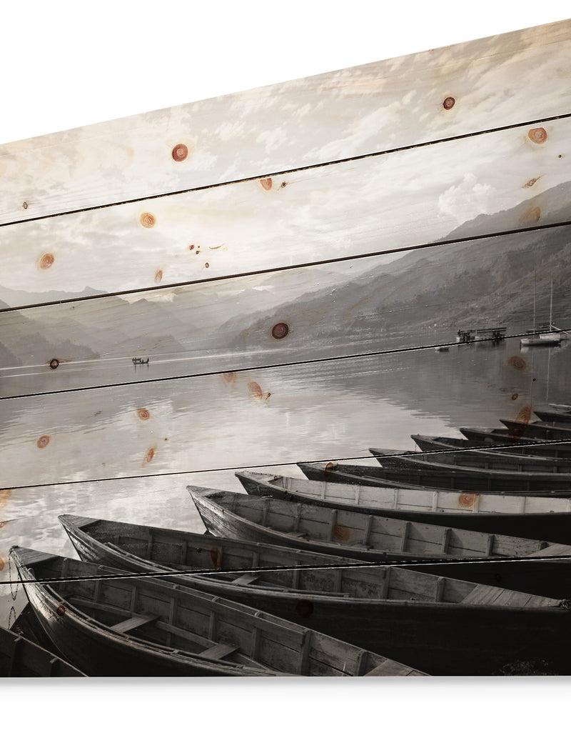 DesignQ Boats Lined Up On Pokhara Lake - Boat Print On Natural Pine Wood