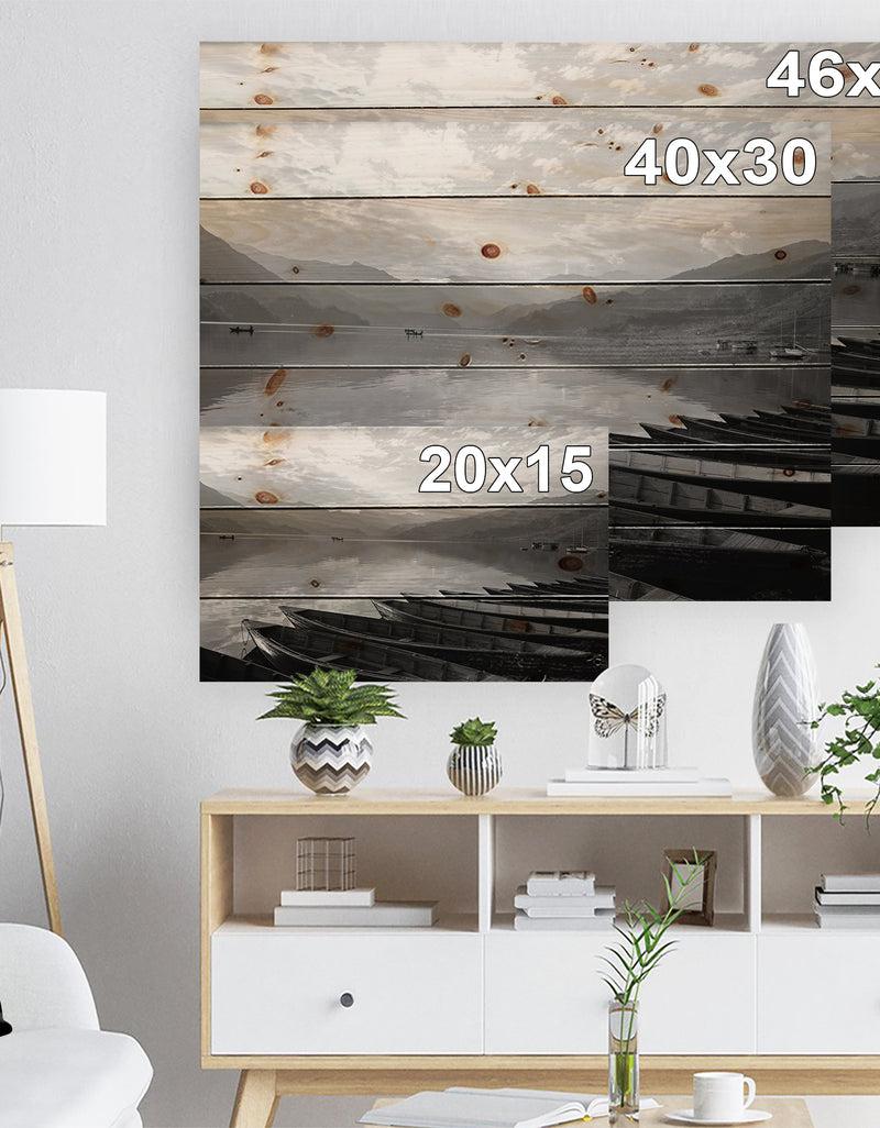 DesignQ Boats Lined Up On Pokhara Lake - Boat Print On Natural Pine Wood