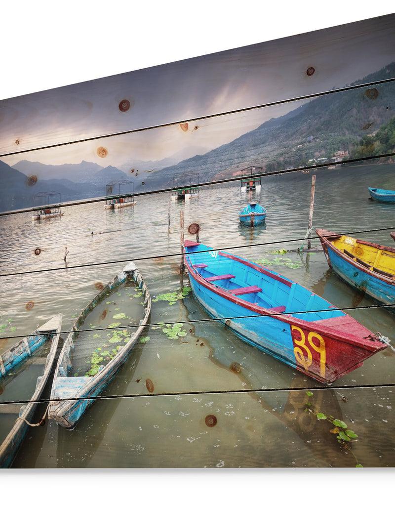 DesignQ Boats Near Pokhara Lake - Boat Print On Natural Pine Wood