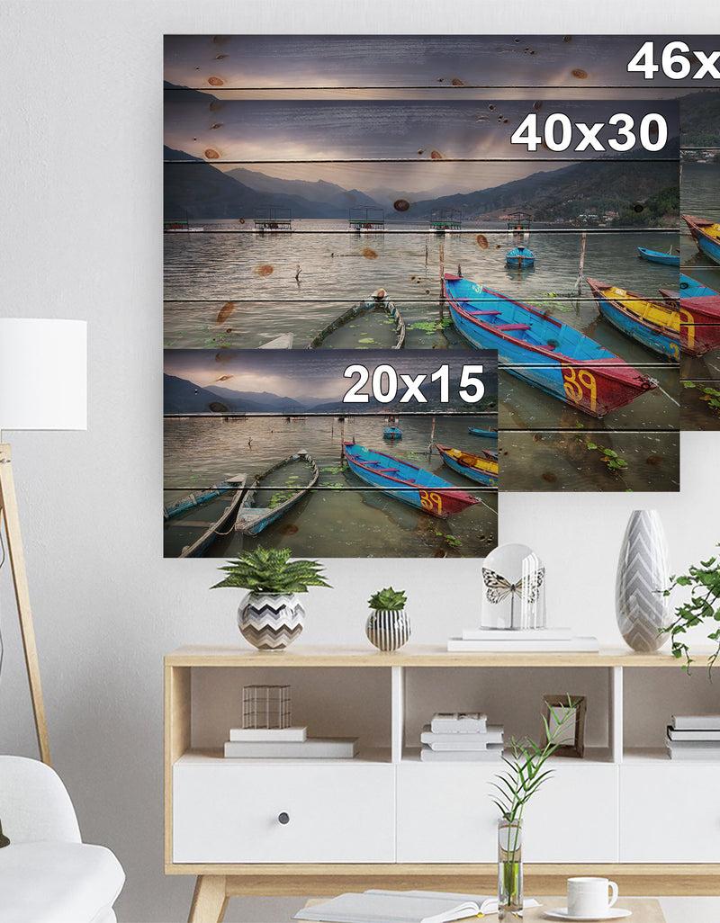 DesignQ Boats Near Pokhara Lake - Boat Print On Natural Pine Wood