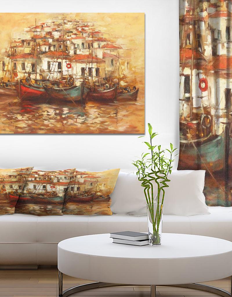 DesignQ Boats on the island harbor Oil Painting - Sea & Shore Painting Print on Wrapped Canvas