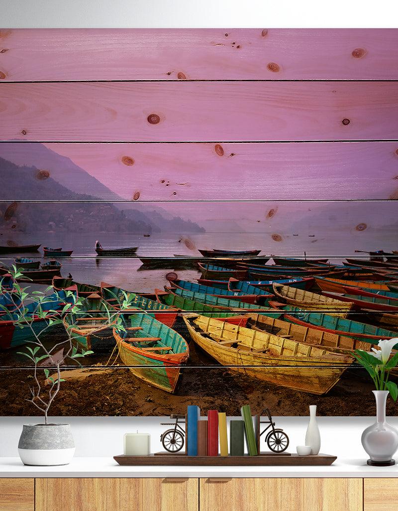 DesignQ Boats under Twilight Sky in Phewa - Boat Print on Natural Pine Wood