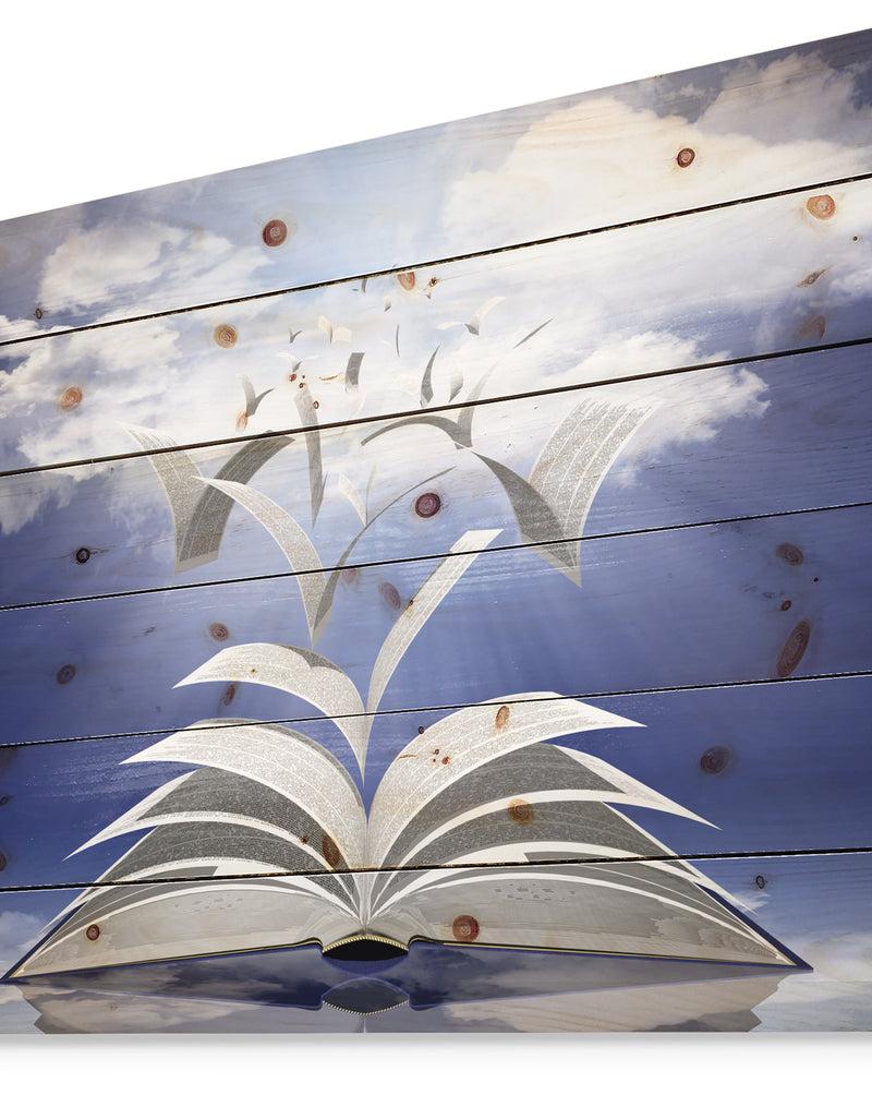 DesignQ Book Pages Skyward - Abstract Print On Natural Pine Wood
