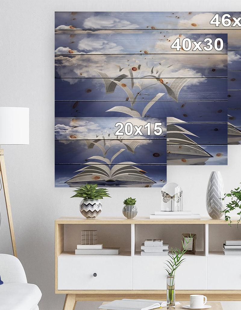 DesignQ Book Pages Skyward - Abstract Print On Natural Pine Wood