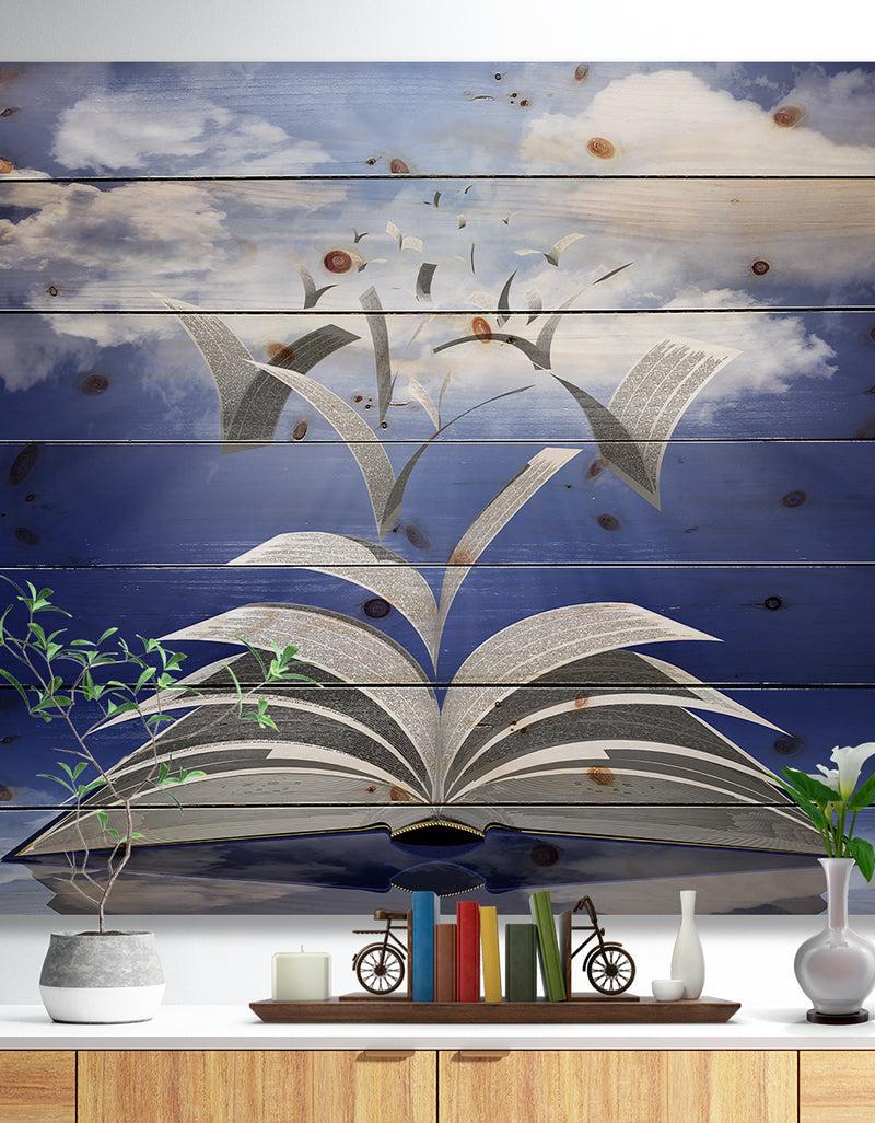 DesignQ Book Pages Skyward - Abstract Print on Natural Pine Wood