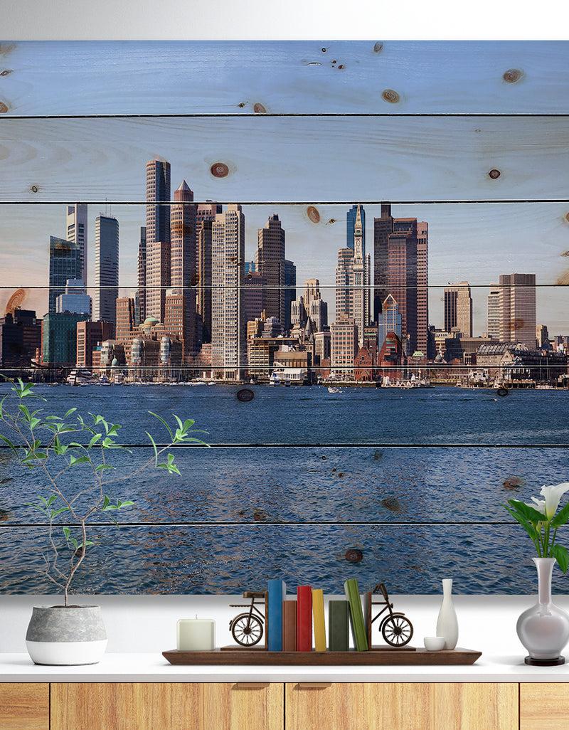DesignQ Boston Skyline Panorama - Cityscape Photo Print on Natural Pine Wood