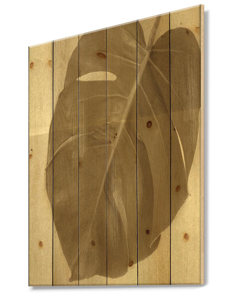 DesignQ Botanical Beige Retro Leaf - Lake House Print On Natural Pine Wood