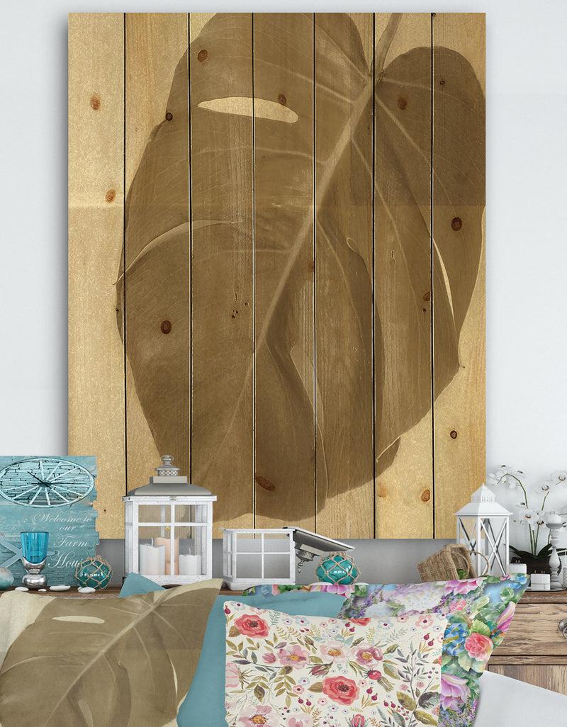 DesignQ Botanical Beige Retro Leaf - Lake House Print on Natural Pine Wood