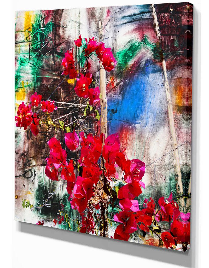 DesignQ Bougainvillea Red Flowers - Floral Painting Print On Wrapped Canvas