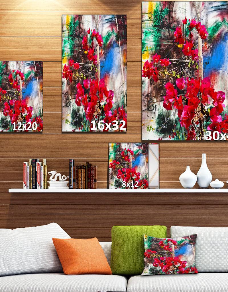 DesignQ Bougainvillea Red Flowers - Floral Painting Print On Wrapped Canvas