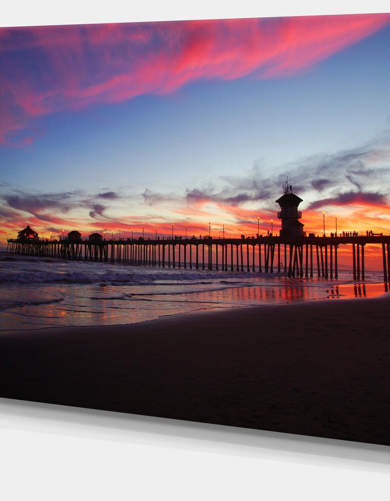 DesignQ Bridge In California With Red Clouds Contemporary Seascape Art Canvas