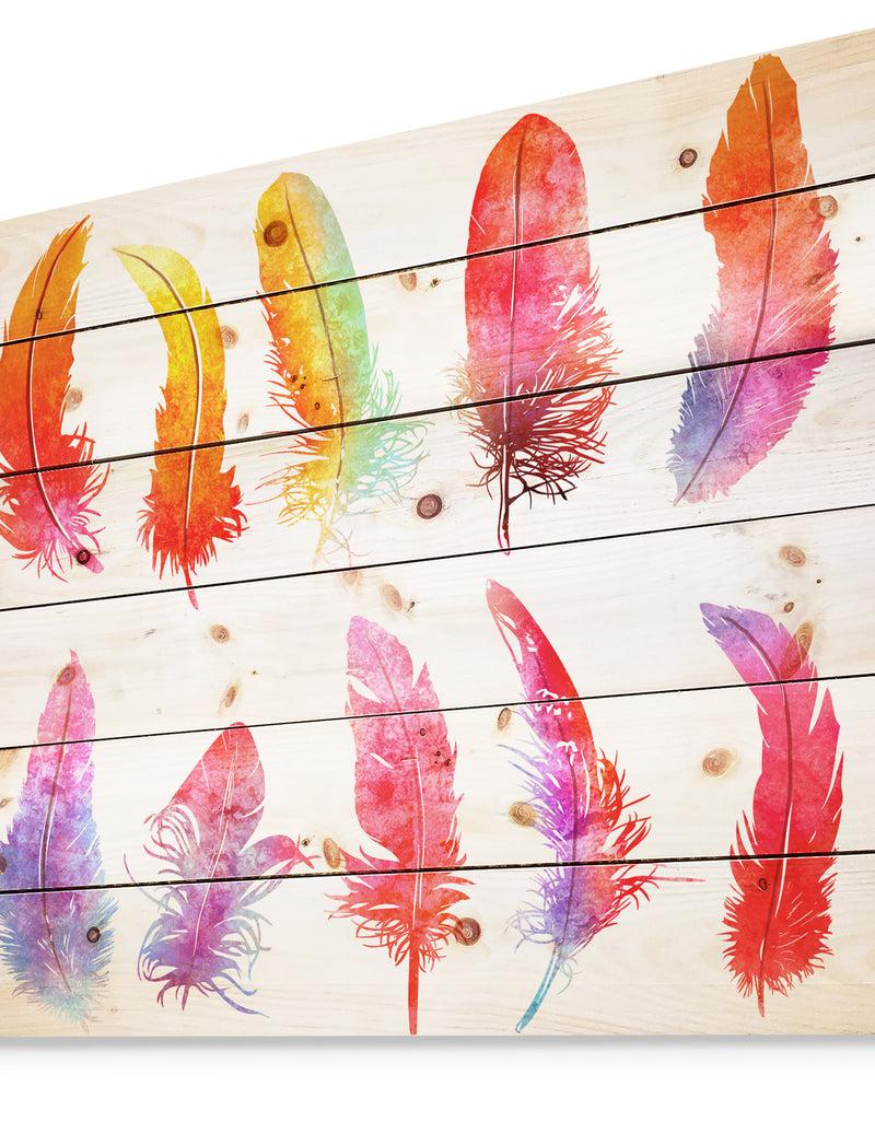 DesignQ Bright Colorful Feather Set - Animals Painting Print On Natural Pine Wood