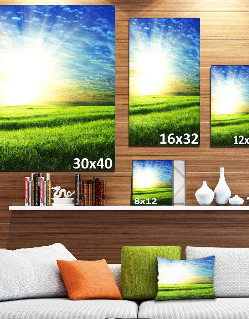 DesignQ Bright Green Field At Sunrise - Oversized Landscape Canvas Art