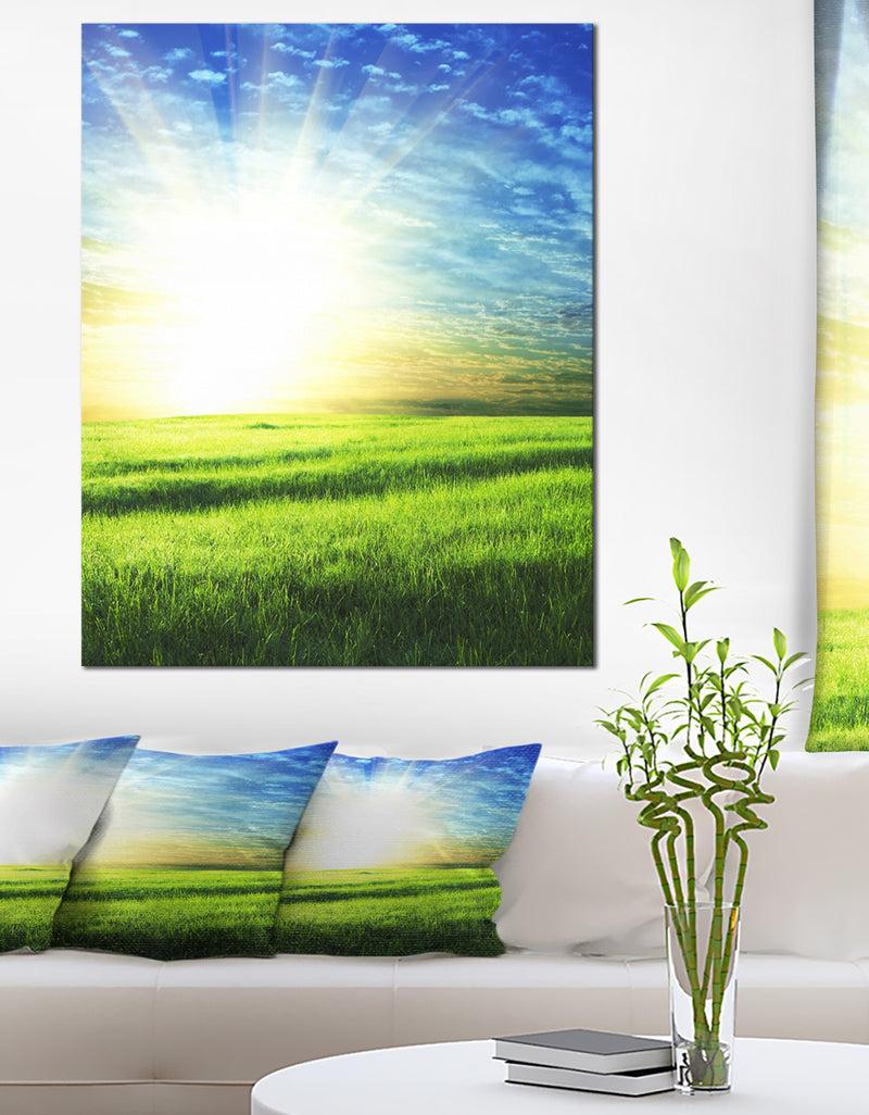 DesignQ Bright Green Field At Sunrise - Oversized Landscape Canvas Art