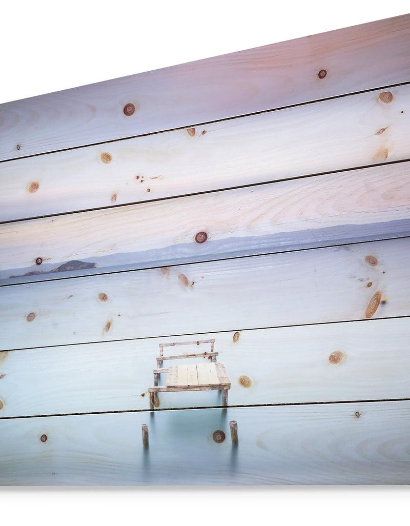 DesignQ Bright Purple Sky - Seascape Print On Natural Pine Wood