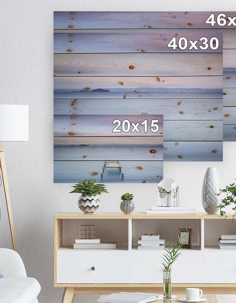 DesignQ Bright Purple Sky - Seascape Print On Natural Pine Wood